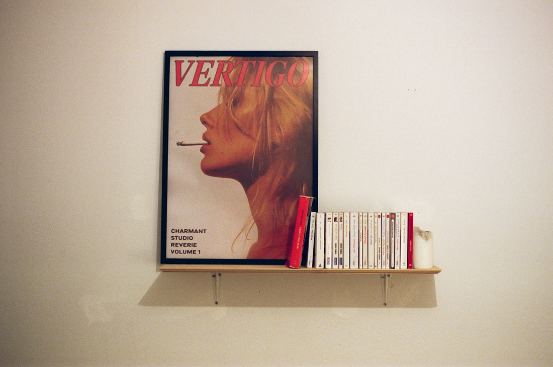 Poster Vertigo encadré sur une étagère avec des livres